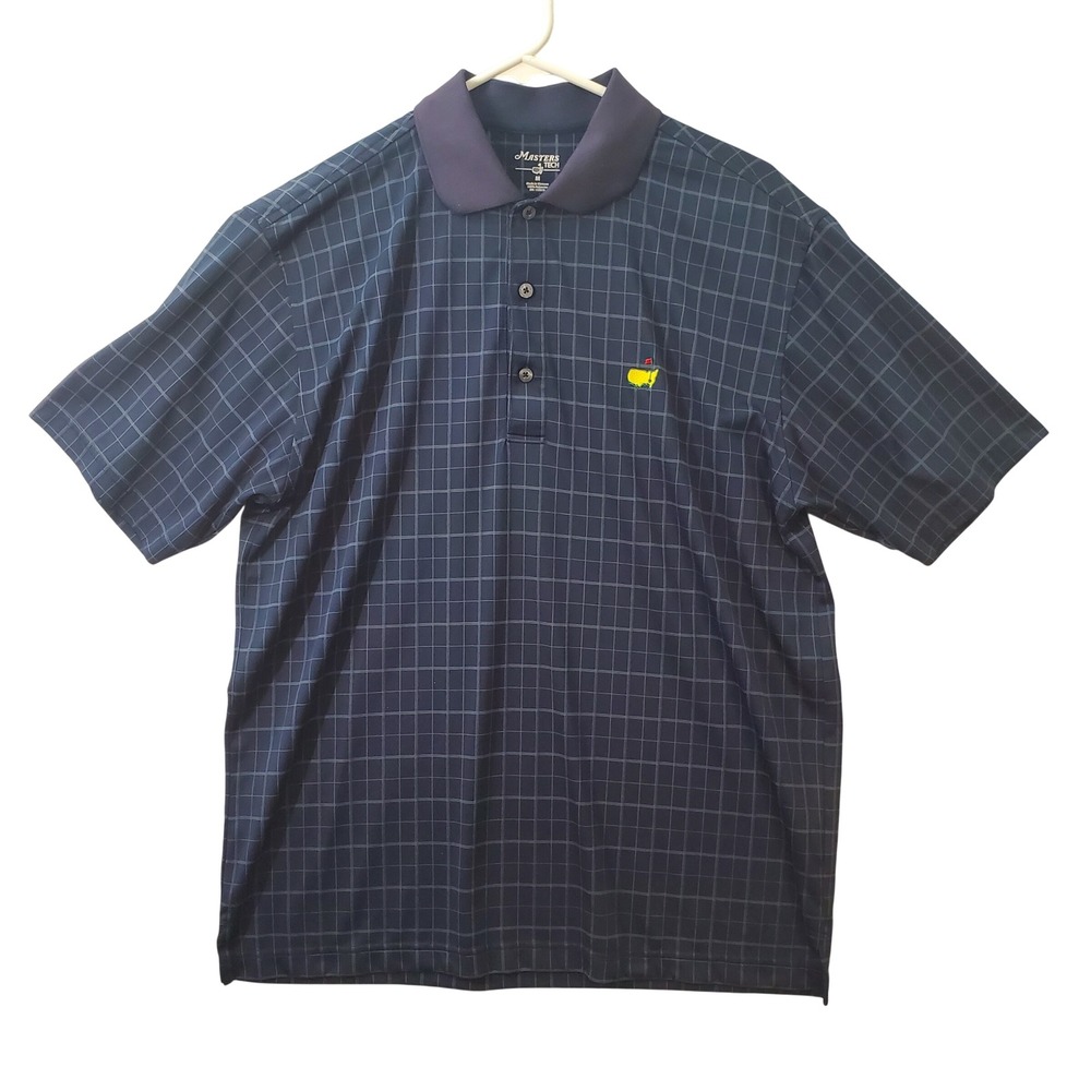 Masters Tech Mens Navy Blue Windowpane Check Short Sleeve Golf Polo Shirt Size M